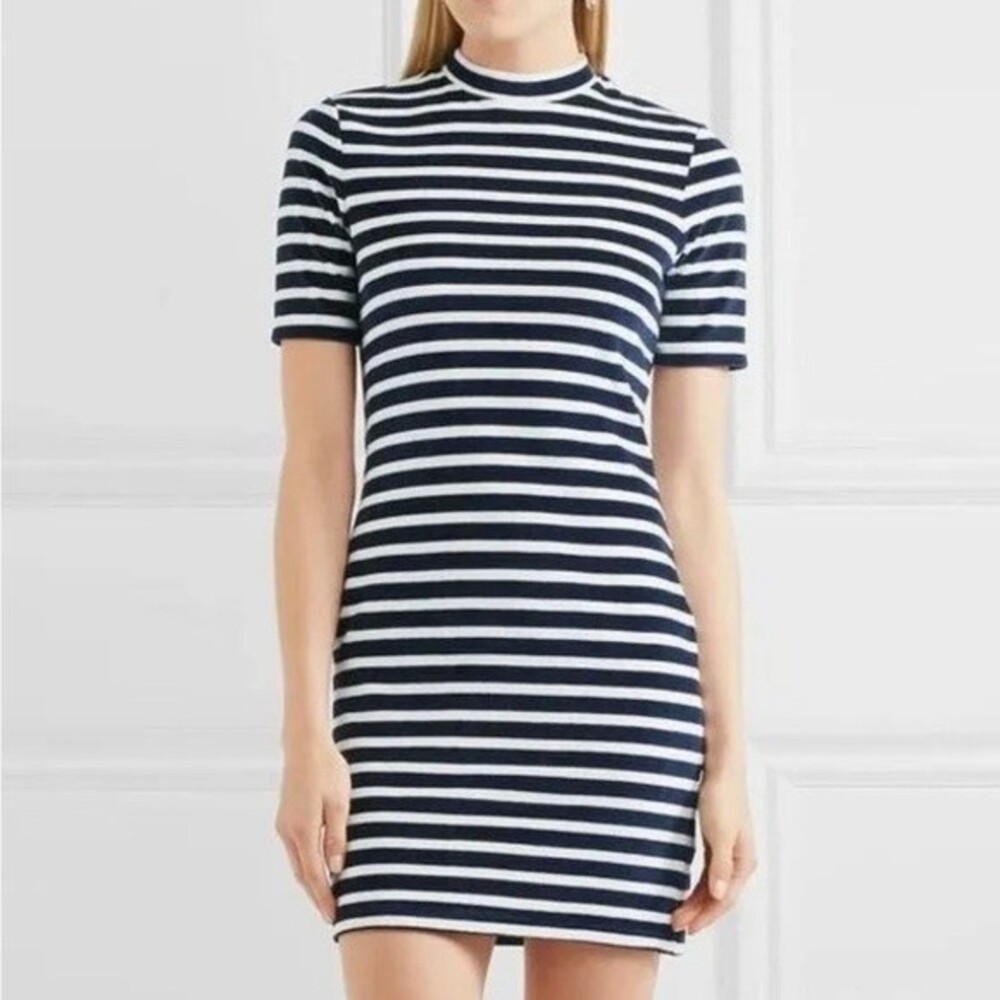 T by Alexander Wang Striped Mini Dress. Short Sleeves. Mock Neck. Blue & White.